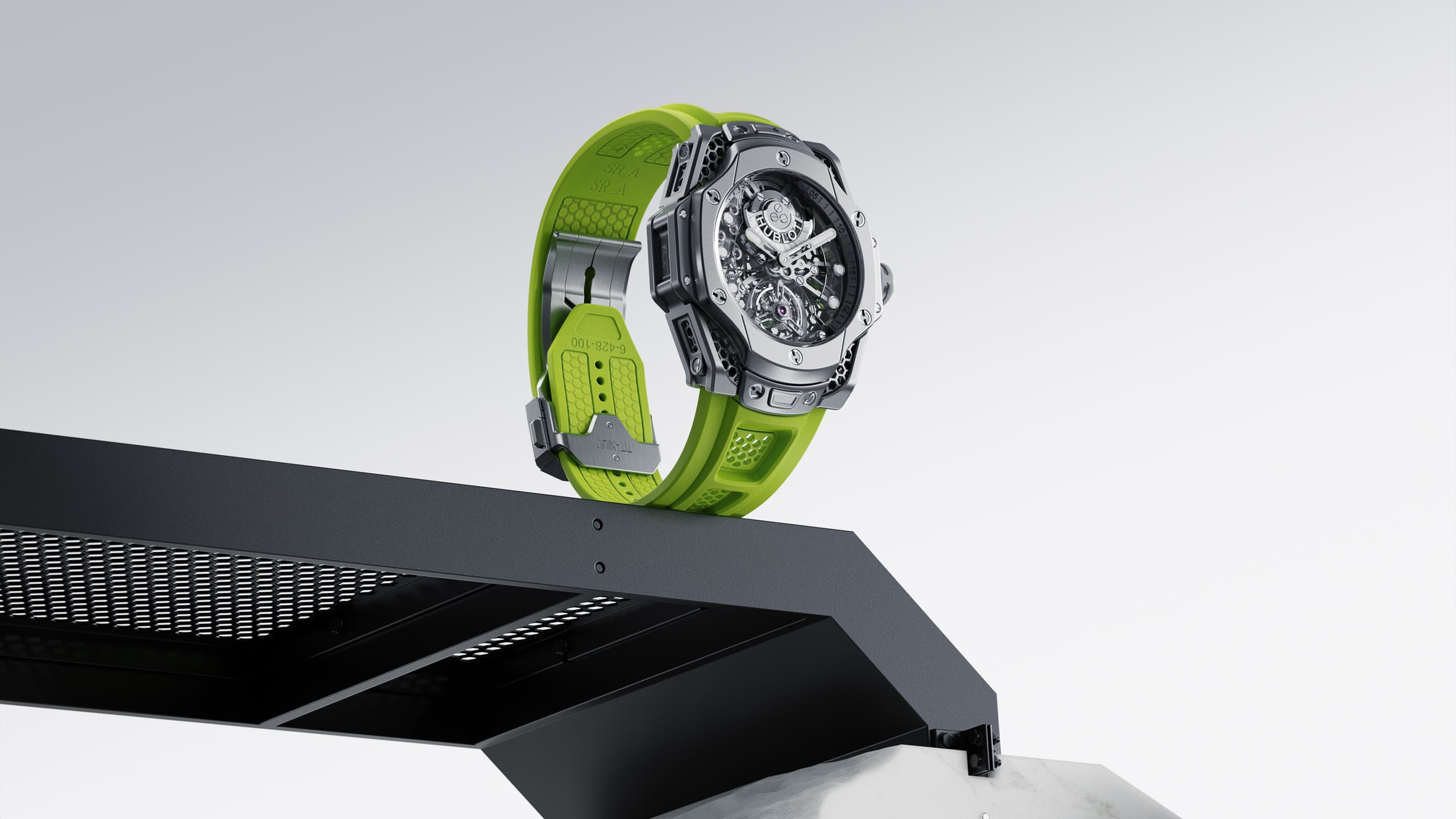 A majestic-paced parade of product-focused shots outlines the comfort and lightness of the renewed Hublot Tourbillon SR_A, a timepiece by the polymathic creative Samuel Ross.